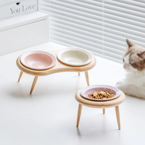 Atelier, gamelles en céramique sur pieds en bois pour chat