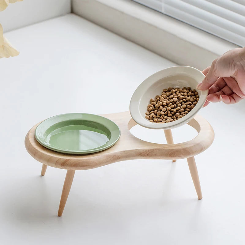 Atelier, gamelles en céramique sur pieds en bois pour chat