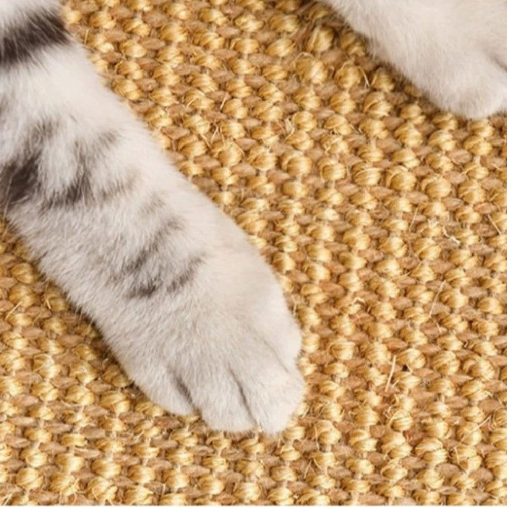 Gros plan du sisal tissé sous les pattes d'un chat